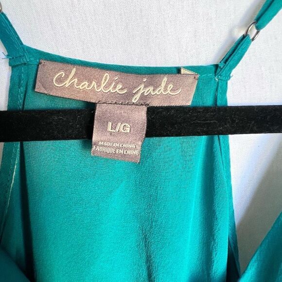 Charlie Jade Women's Green V-Neck Ruffled Hem Mini Dress Size Large - Picture 2 of 7